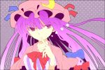  1girl crescent finger_to_mouth hair_ribbon hat long_hair patchouli_knowledge purple_hair ribbon saino smile solo star touhou violet_eyes 