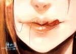  1girl beancurd close-up dated hair_in_mouth katarina_du_couteau league_of_legends licking_lips light_smile lips long_hair nose redhead solo 