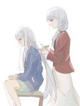  2girls alternate_universe bangs blue_eyes closed_mouth commentary english_commentary grey_hair highres holding holding_hair holding_scissors kouri_2x long_hair long_sleeves low-tied_long_hair mother_and_daughter multiple_girls on_chair pocket project_sekai scissors shorts sidelocks sitting standing time_paradox very_long_hair white_background yoisaki_kanade yoisaki_kanade&#039;s_mother 