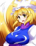  1girl blonde_hair blush breasts fox_tail hat large_breasts looking_at_viewer multiple_tails short_hair simple_background solo tail touhou white_background yakumo_ran yellow_eyes zefyu 