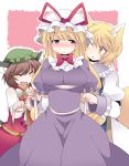  3girls animal_ears blonde_hair bow breast_press breasts brown_hair bust_measuring cat_ears cat_tail chen closed_eyes dress earrings elbow_gloves fox_ears fox_tail gloves hair_bow hammer_(sunset_beach) hat jewelry long_hair multiple_girls multiple_tails no_hat no_headwear open_mouth ribbon short_hair smile tail tape_measure touhou violet_eyes yakumo_ran yakumo_yukari yellow_eyes 