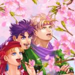  1girl 2boys astkcrts bandana blonde_hair blue_eyes caesar_anthonio_zeppeli cherry_blossoms dango earrings food green_eyes green_jacket jacket jewelry jojo_no_kimyou_na_bouken joseph_joestar_(young) multiple_boys purple_hair suzi_quatro wagashi 