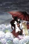  2girls dark_clouds flower hakurei_reimu hanada_hyou horns ibuki_suika multiple_girls oriental_umbrella rain touhou umbrella 