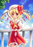  1girl ascot blonde_hair blue_sky blush bow clouds flandre_scarlet fukase_ayaka hat hat_bow red_eyes short_hair side_ponytail skirt skirt_set sky smile solo touhou water wings wrist_cuffs 