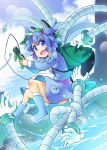  1girl backpack bag blue_eyes blue_hair controller game_controller hair_bobbles hair_ornament hat kawashiro_nitori knot long_sleeves mechanical_arm open_mouth rubber_boots shirt skirt solo toto_nemigi touhou twintails water 
