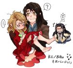  1girl barefoot bilbo_baggins blonde_hair blue_eyes blush carrying emoticon genderswap kili_(the_hobbit) lord_of_the_rings princess_carry tagme the_hobbit thorin_oakenshield translation_request yellow_eyes 