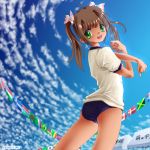  1girl ass back brown_hair buruma clouds dr_rex flag from_below green_eyes gym_uniform hair_ribbon long_hair looking_at_viewer looking_back open_mouth original ribbon shirt sky smile solo standing stretch twintails 