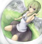  1girl green_hair highres long_hair looking_at_viewer original shintani_tsushiya sitting solo wings 