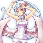  1girl angel_feather armpits arms_up blue_hair blush breasts cardfight!!_vanguard core_memory_armaros highres long_hair looking_at_viewer shintani_tsushiya solo wings 