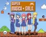  5girls ? akemi_homura black_hair black_legwear blonde_hair blue_eyes blue_hair blush boots braid clouds drill_hair eating food glasses gloves golf_club hat kaname_madoka kyubey long_hair mahou_shoujo_madoka_magica mario_(cosplay) miki_sayaka multiple_girls overalls pantyhose parody pink_eyes pink_hair red_eyes redhead sakura_kyouko shian_(my_lonly_life.) short_hair short_twintails smile socks super_mario_bros. tomoe_mami twin_braids twin_drills twintails violet_eyes yellow_eyes 