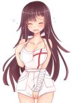  1girl apron bandages black_hair blush breasts closed_eyes dangan_ronpa gatakenjin long_hair no_bra open_mouth solo super_dangan_ronpa_2 sweatdrop tsumiki_mikan very_long_hair 