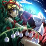  1girl bellflower blonde_hair blue_eyes blue_sky bow clouds dress flower fuuna_(conclusion) grass hair_ribbon highres lying medicine_melancholy on_side puffy_sleeves red_dress ribbon sash short_sleeves sky solo touhou wrist_ribbon 