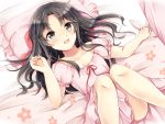  1girl ayame_(norie11) bed black_hair dress legs long_hair lying on_back original pillow smile solo 
