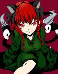  1girl animal_ears braid cat_ears cat_tail dress green_eyes hair_ornament kaenbyou_rin looking_at_viewer pointy_ears red_eyes redhead slit_pupils smile solo tail touhou tsukikusa twin_braids 