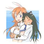  2girls adult animal_ears black_hair blue_eyes blush breasts cat_ears charlotte_e_yeager cleavage closed_eyes fang francesca_lucchini hug hug_from_behind long_hair military military_uniform mukiki multiple_girls open_mouth orange_hair rabbit_ears strike_witches uniform 