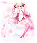  1girl boots character_name cherry detached_sleeves food fruit hatsune_miku juna long_hair looking_at_viewer necktie pink_eyes pink_hair sakura_miku sitting skirt smile solo thigh-highs thigh_boots twintails very_long_hair vocaloid 