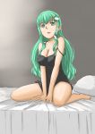  1girl bare_shoulders between_legs breasts cleavage frog_hair_ornament green_eyes green_hair hair_ornament hand_between_legs kochiya_sanae ksfactory large_breasts long_hair nightgown on_bed snake_hair_ornament solo strap_slip touhou 