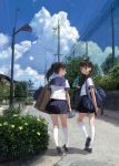  2girls bag black_hair blue_skin book brown_eyes brown_hair cloudy_sky highres kishida_mel kneehighs loafers long_hair looking_back low_twintails multiple_girls original pleated_skirt ponytail scan school_uniform serafuku shoes shoulder_bag skirt sky telephone_pole walking white_legwear 