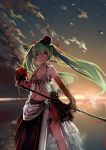  1girl absurdres bra elbow_gloves gloves green_eyes green_hair hair_ribbon hat hatsune_miku hei_yan-m82a1 highres long_hair microphone microphone_stand navel open_mouth ribbon solo sunrise twintails underwear very_long_hair vocaloid 