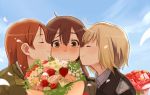  3girls blonde_hair blush bouquet brown_hair closed_eyes erica_hartmann flower gertrud_barkhorn kirusu long_hair minna-dietlinde_wilcke multiple_girls short_hair smile strike_witches 