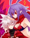  1boy 1girl antenna_hair bikini_top breasts disgaea disgaea_d2 kaikun laharl laharl-chan long_hair mao_(disgaea) pointy_ears purple_hair red_eyes scarf short_hair silver_hair 