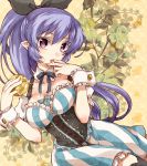  1girl breasts cleavage corset finger_licking food hair_ribbon ice_cream irouha licking long_hair looking_at_viewer original pointy_ears ponytail purple_hair ribbon solo thigh-highs tongue violet_eyes wrist_cuffs 