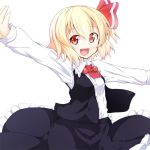  1girl ascot blonde_hair hair_ribbon long_sleeves nogisaka_kushio open_mouth outstretched_arms red_eyes ribbon rumia short_hair simple_background skirt skirt_set smile solo touhou vest white_background 