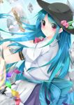  1girl alza blue_hair hat hinanawi_tenshi long_hair looking_back red_eyes solo sword_of_hisou touhou very_long_hair 