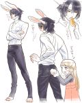  1boy 1girl anger_vein animal_ears barefoot black_hair blue_eyes blush brown_hair bunny_tail carrot child crossed_arms dress feeding furry isaki long_hair looking_back personification rabbit_ears simple_background size_difference tagme tail translation_request white_background yellow_eyes 