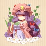  1girl blueberry_(5959) blush book bow crescent flower hair_bow hat highres long_hair looking_at_viewer navel off_shoulder patchouli_knowledge purple_hair solo touhou violet_eyes 