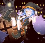  1girl armpits blue_hair cross halloween hat highres jack-o&#039;-lantern open_mouth original shintani_tsushiya smile solo striped wink yellow_eyes 