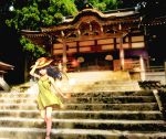  1girl bakemata bare_shoulders blue_hair dress east_asian_architecture furude_rika hand_on_own_head hat highres higurashi_no_naku_koro_ni long_hair petals solo sun_hat sundress teenage temple tree violet_eyes walking 