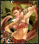 1girl armlet bikini_top bracelet breasts brown_eyes brown_hair cleavage dancer earrings female gensou_suikoden gensou_suikoden_ii hair_tubes high_ponytail jewelry karen_(suikoden) long_hair midriff mouth_veil navel solo strapless sugikiyu veil very_long_hair