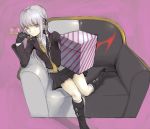  1girl braid couch dangan_ronpa gift kirigiri_kyouko lavender_hair long_hair magnifying_glass monokuma necktie nuda purple_hair ribbon single_braid sitting solo violet_eyes 