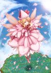  1girl blonde_hair bow cherry_blossoms closed_eyes dress frills grass hat hat_bow highres lily_white pointy_ears shadow skyspace solo touhou 