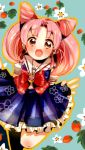  :d bishoujo_senshi_sailor_moon chibi_usa crg1225 double_bun flower hair_bun open_mouth pink_hair school_uniform serafuku skirt smile twintails 