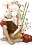  1girl bamboo bamboo_shoot barefoot bow dirty_clothes dirty_face dirty_feet finger_to_mouth fujiwara_no_mokou hair_bow highres long_hair pants red_eyes shirt silver_hair sitting sleeves_folded_up smile solo suspenders touhou very_long_hair wink yuu-rin 