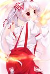  1girl alza fire from_behind hair_ribbon long_hair looking_back ponytail red_eyes ribbon solo suspenders touhou white_hair 