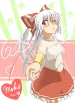 1girl alternate_costume bamboo bow bracelet capelet fujiwara_no_mokou hair_bow heart jewelry long_hair looking_at_viewer outstretched_arm outstretched_hand ponytail red_eyes shirt silver_hair skirt solo touhou very_long_hair wink wumarutsufuri_(artist) 