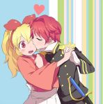  2girls aikatsu! arm_around_waist blonde_hair blush cheek_kiss closed_eyes eye_kiss gloves heart holding holding_hands hoshimiya_ichigo ichinose_kaede interlocked_fingers japanese_clothes kiss military military_uniform multiple_girls open_mouth ponekusan red_eyes redhead short_hair surprise_kiss surprised sword uniform weapon white_gloves yuri 