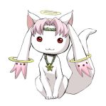  :3 copyright_request cosplay halo jewelry kimagureneko kyubey mahou_shoujo_madoka_magica necklace no_humans pink_hair red_eyes simple_background sitting solo white_background 