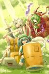  3girls :o :q alternate_costume animal_ears arm_wrap belt black_eyes dress engine fang flying front_ponytail gloves grass green_eyes green_hair hair_bobbles hair_ornament hair_ribbon hat hc2002 highres hitodama inubashiri_momiji kagiyama_hina kawashiro_nitori knee_up kneeling leg_wrap long_hair looking_at_another looking_at_viewer midriff multiple_girls outdoors ribbon sarashi screwdriver shield short_hair shorts sitting sleeveless sleeveless_shirt smile sunbeam sunlight sweatdrop sword tail tank_top tongue toolbox touhou twintails v_arms weapon white_hair wolf_ears wolf_tail wrist_ribbon yellow_background yellow_eyes 