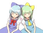  2girls :o ascot blue_hair bow cirno daiyousei dress green_hair hair_bow hands_in_lap head_to_head heart leaning_on_person multiple_girls puchiyuyoyo puffy_short_sleeves puffy_sleeves short_hair short_sleeves side_ponytail simple_background sleeping smile touhou white_background 