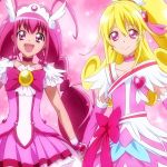  2girls :d aida_mana arm_warmers blonde_hair bowtie brooch choker color_connection cure_happy cure_heart curly_hair dokidoki!_precure dress earrings half_updo head_wings heart hoshizora_miyuki jewelry long_hair magical_girl maruki_(punchiki) multiple_girls open_mouth pink pink_background pink_dress pink_eyes pink_hair ponytail precure skirt smile smile_precure! tiara twintails wrist_cuffs 