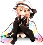  1girl alternate_costume arm_ribbon black_dress black_legwear black_panties blonde_hair blush dress flandre_scarlet glowing glowing_wings hair_ornament hairclip hat hat_ribbon heart highres long_sleeves outstretched_foot outstretched_leg panties red_eyes ribbon sitting solo thigh-highs tosura-ayato touhou underwear wide_sleeves wings 