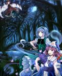  3girls black_legwear blush brochette butterfly cherry_blossoms closed_eyes dress flight forest hat hitodama jianren katana konpaku_youmu moon multiple_girls mystia_lorelei nature night pantyhose petals saigyouji_yuyuko saliva sash skirt sword touhou tree vest weapon 