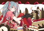  1girl blue_eyes blue_hair cake finger_to_mouth food fruit gloves hair_ribbon hatsune_miku lace-trimmed_dress long_hair mia0309 puffy_sleeves red_legwear ribbon sitting strawberry thigh-highs twintails vocaloid 