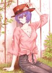 1girl alternate_costume ayanami_rei blue_hair collarbone fashion fence flower grass hand_on_hat hat hat_flower jeans jewelry long_hair mc necklace neon_genesis_evangelion pendant petals red_eyes shirt short_hair sitting smile solo very_long_hair 