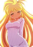  1girl arms_behind_back blonde_hair blush closed_eyes from_below ginga_ojou-sama_densetsu_yuna kagurazaka_yuna long_hair oborogumo_takamitsu smile solo sweater unmoving_pattern white_background 