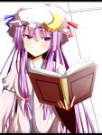  1girl blush book capelet crescent dress ehimedaisuki flat_gaze hat highres letterboxed long_hair long_sleeves looking_at_viewer open_clothes open_coat patchouli_knowledge purple_hair solo striped striped_dress touhou very_long_hair violet_eyes wide_sleeves 